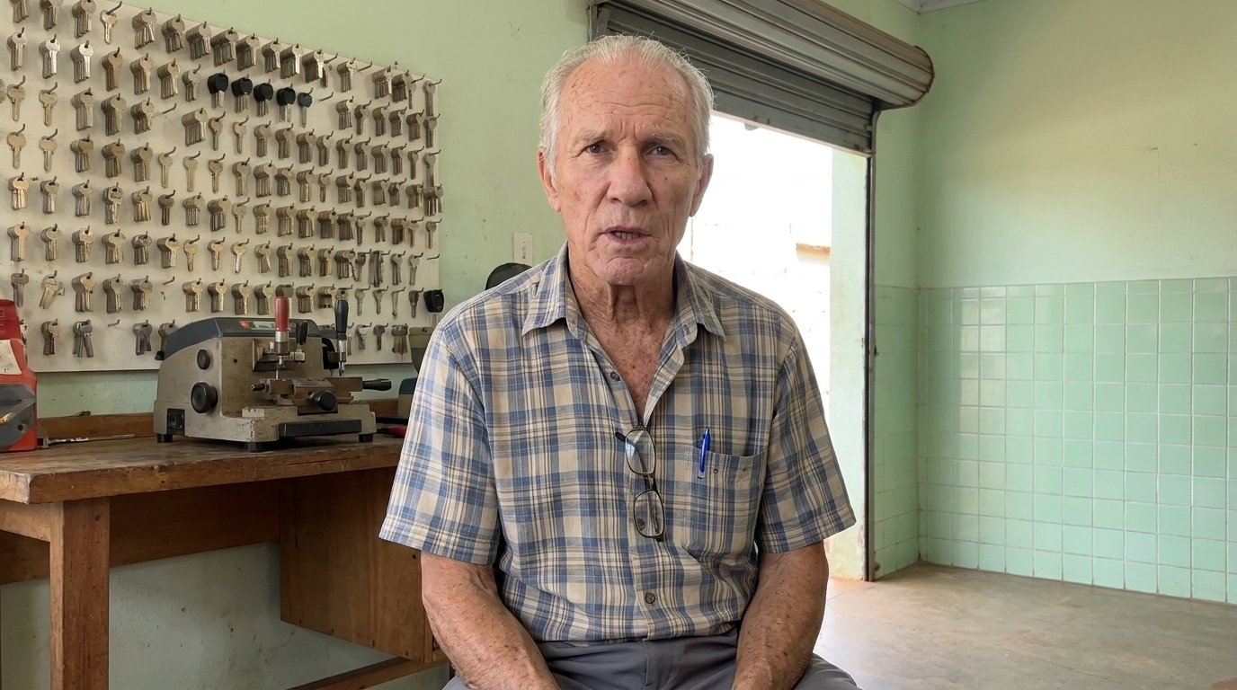 Seu Walter na oficina de chaveiro